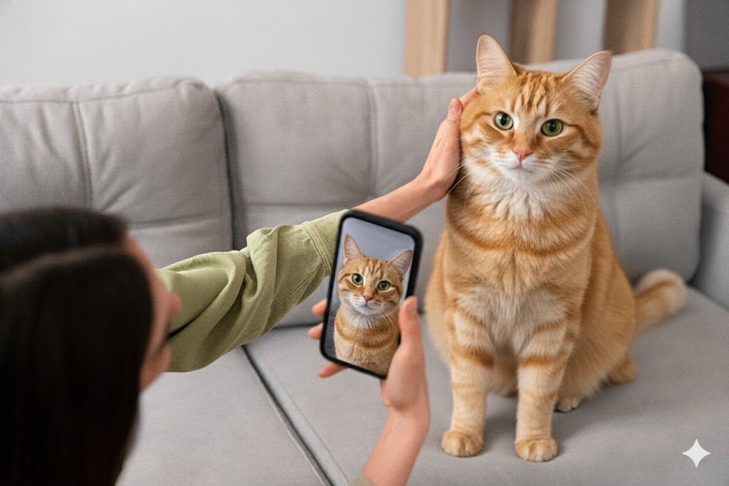 Person interacting with cat via phone