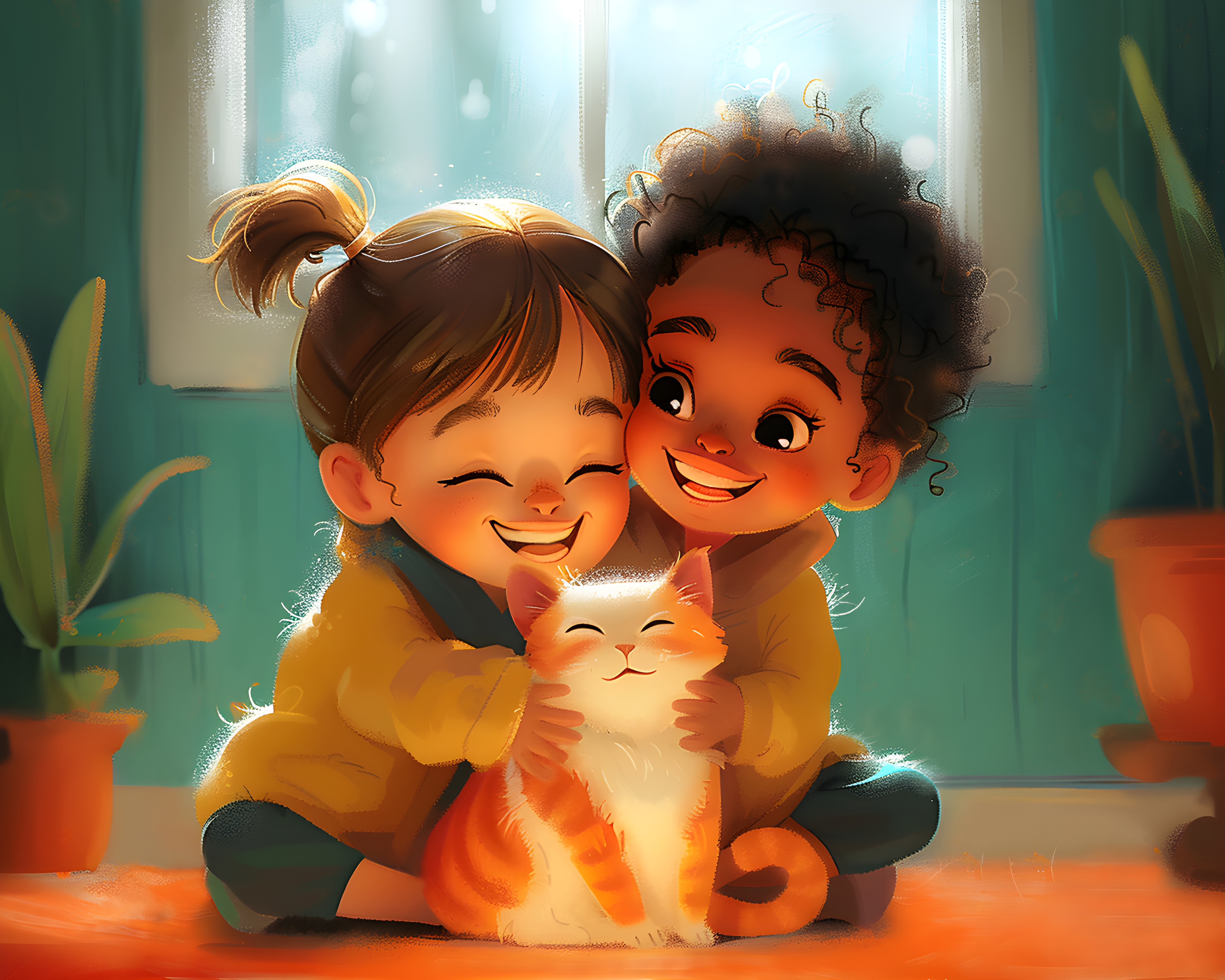 Kids hugging cat